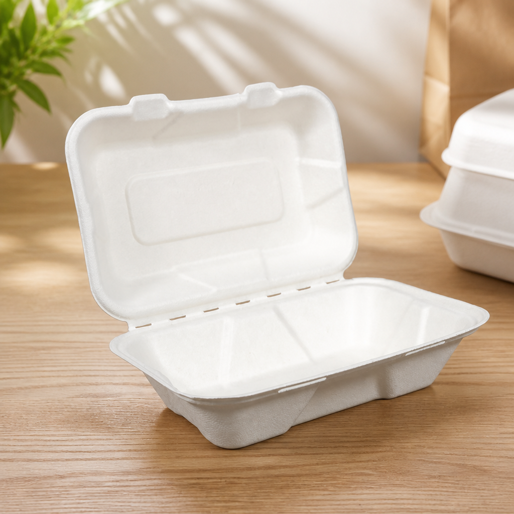 Commercial Bagasse Clamshell Hinged Meal Boxes 228mm Pack of 50