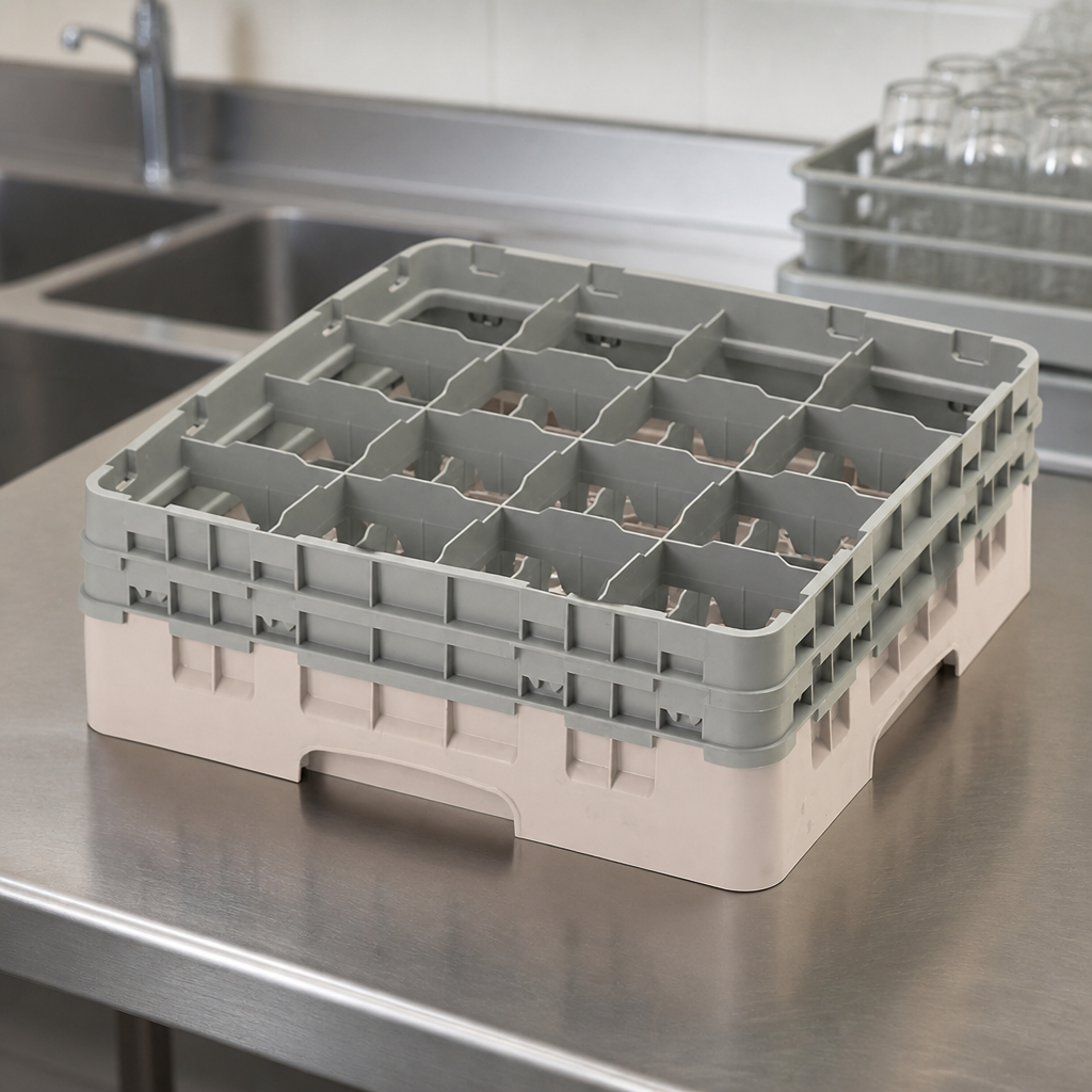 Commercial Glass Rack 16 Compartments Max Height 155mm Beige
