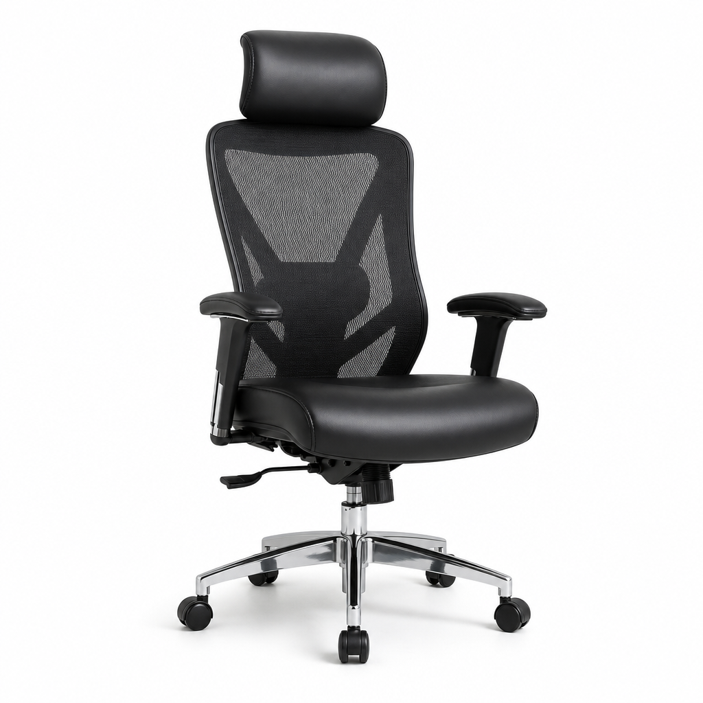 Black Mesh and Leather Executive Office Chair with Armrests