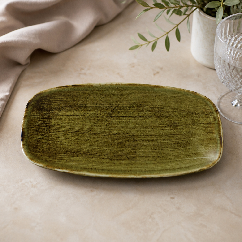 Commercial Oblong Plates 13.875 x 7.375 Inches 6 Pack Olive