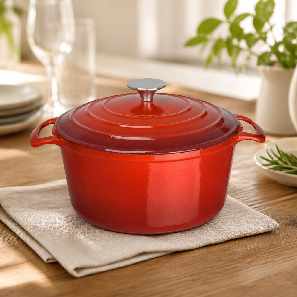 Commercial Round Cast Iron Casserole Dish 4Ltr Red