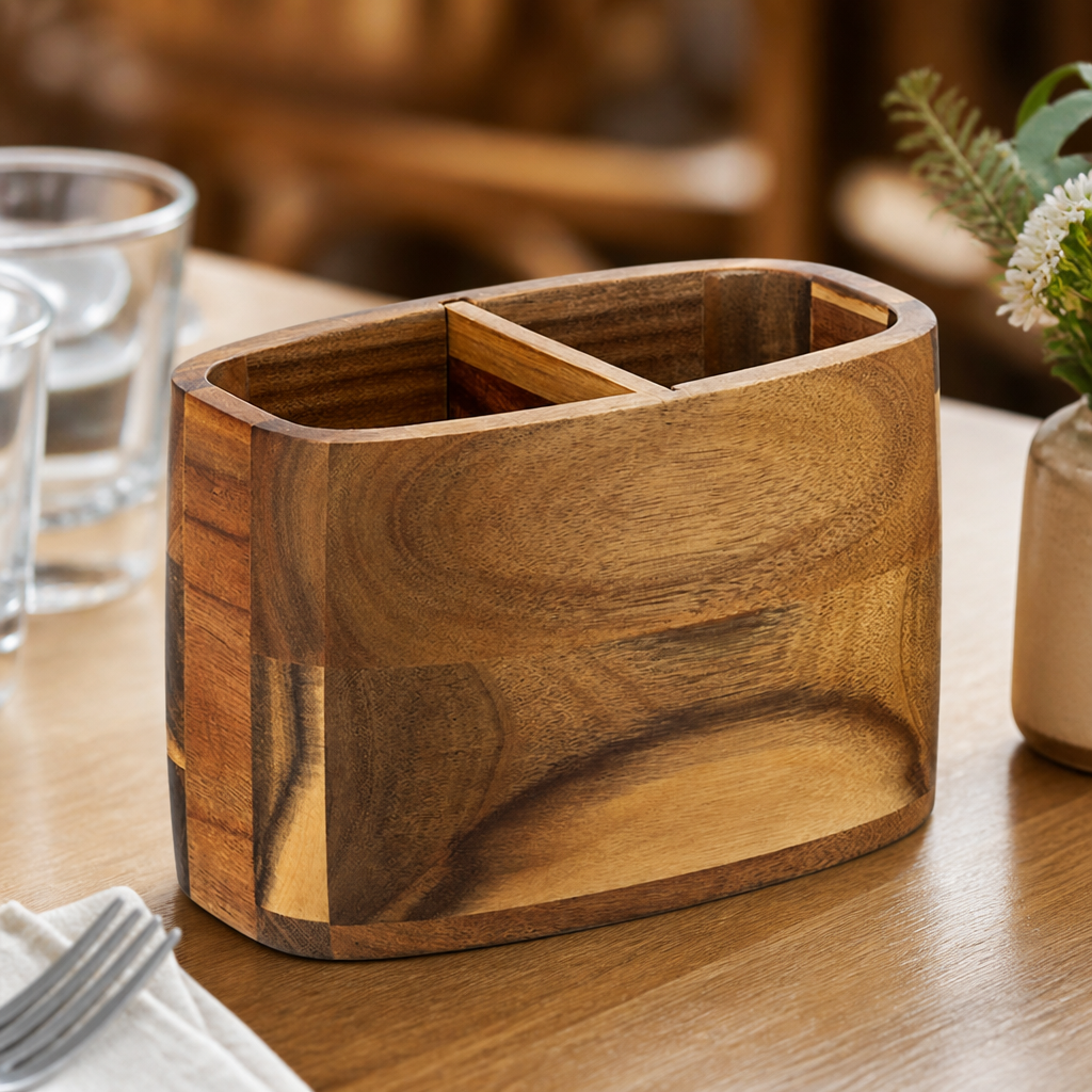 Commercial Acacia Wood Condiment Holder Caddy 2 Compartment