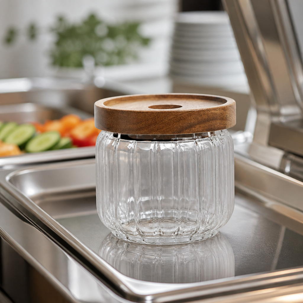Commercial Condiment Jars with Wooden Lids 390ml 24 Pack