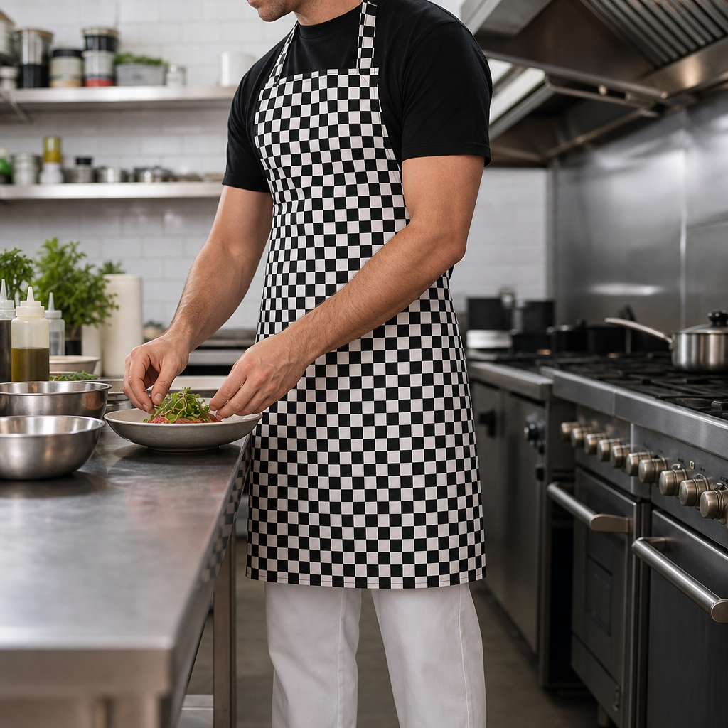 Commercial Staff Bib Apron Black Check 710x960mm
