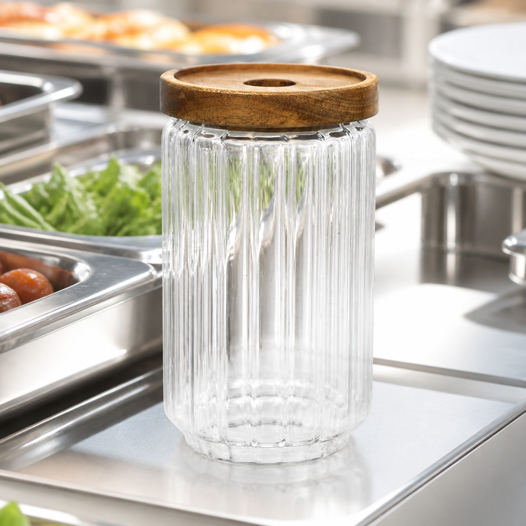 Commercial Condiment Jars with Wooden Lids 650ml 12 Pack