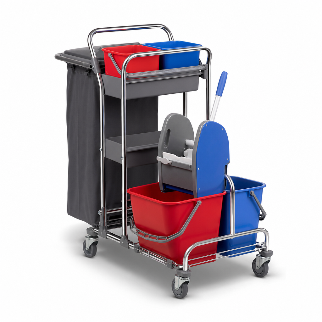 Compact Cleaning Trolley with Buckets, Press and Waste Sack