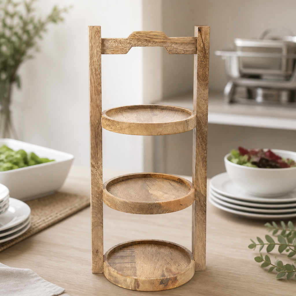 3-Tier Commercial Cake Stand for 150mm Plates in Mango Wood