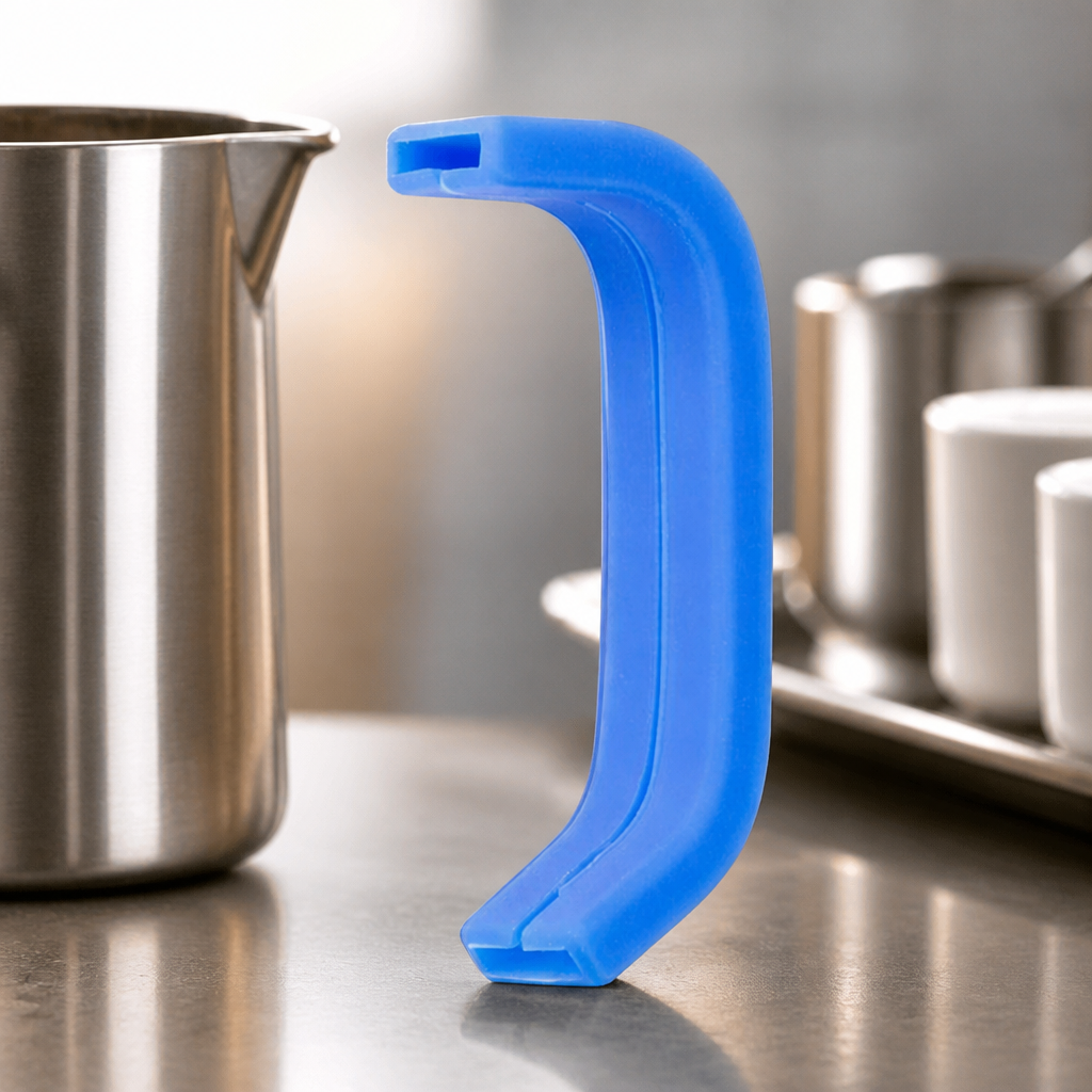 Blue silicone handle cover for 340ml milk frothing jug