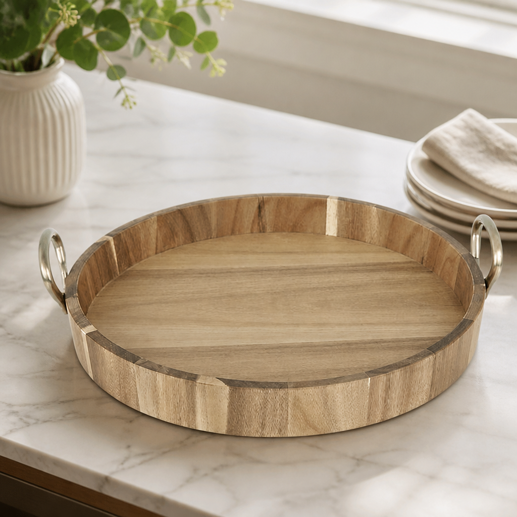 Commercial Acacia Wood Round Tray with Metal Handles 440mm