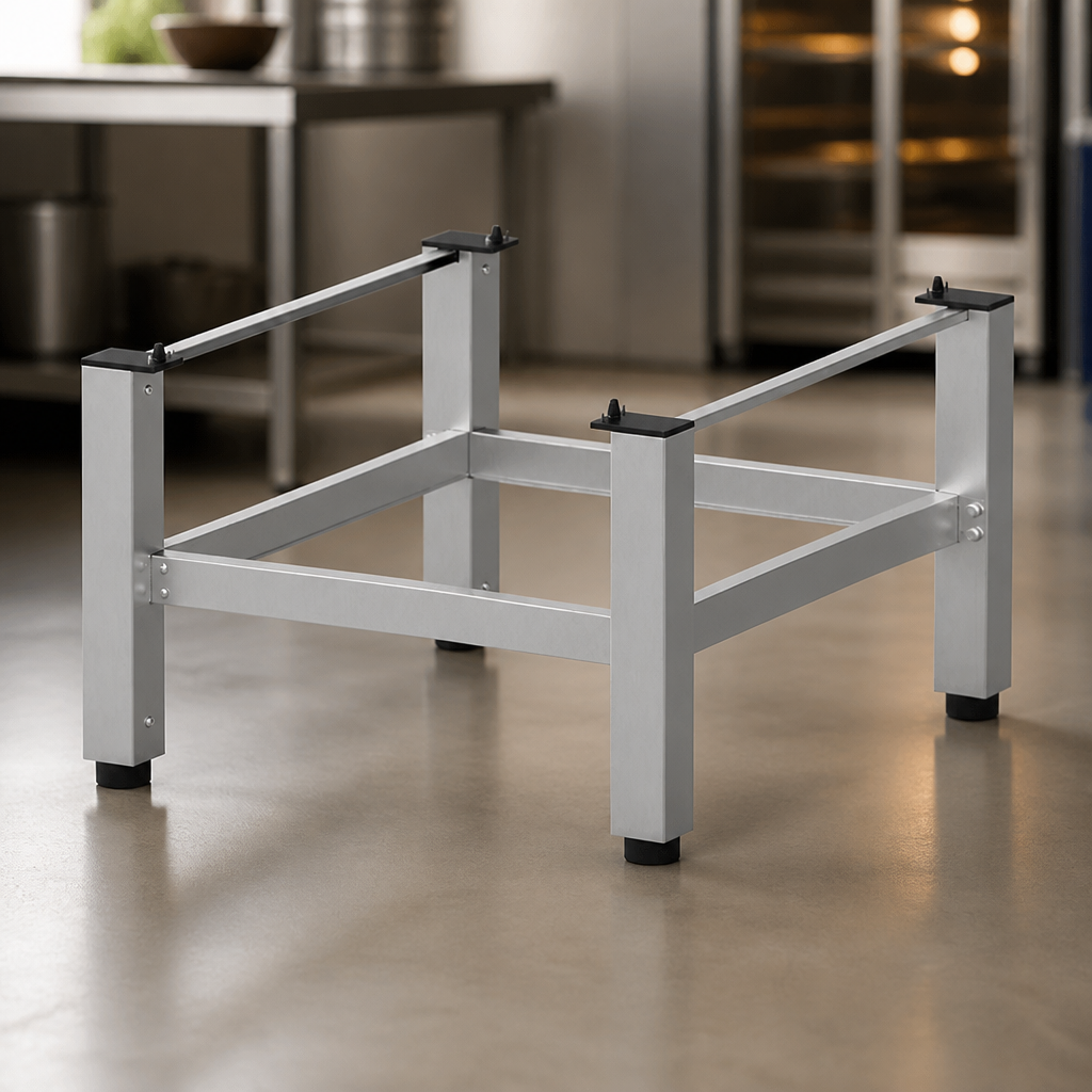 Low bakery oven stand with storage shelf