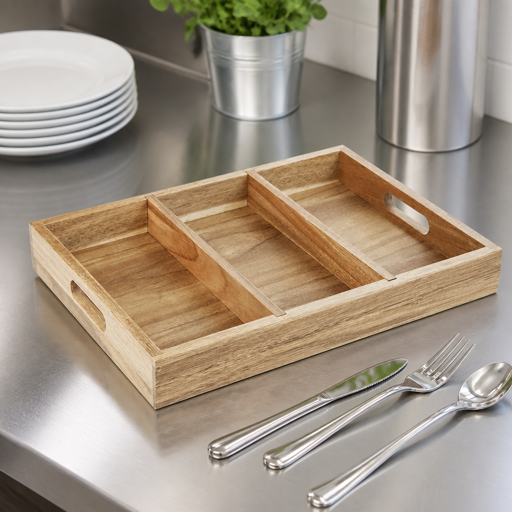 Commercial Acacia Wood Cutlery Tray with Three Compartments