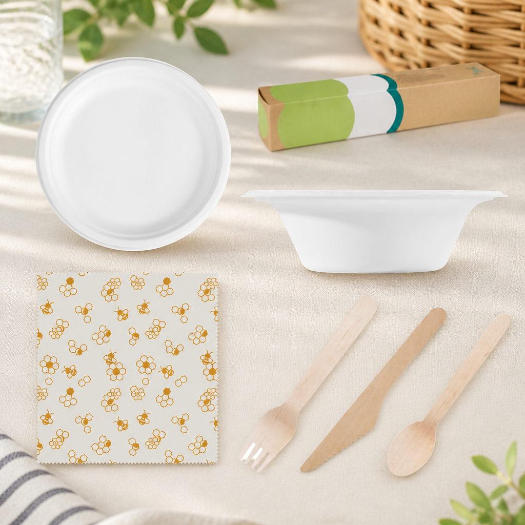 Sustainable Picnic Kit with Wooden Cutlery and Compostable Plates