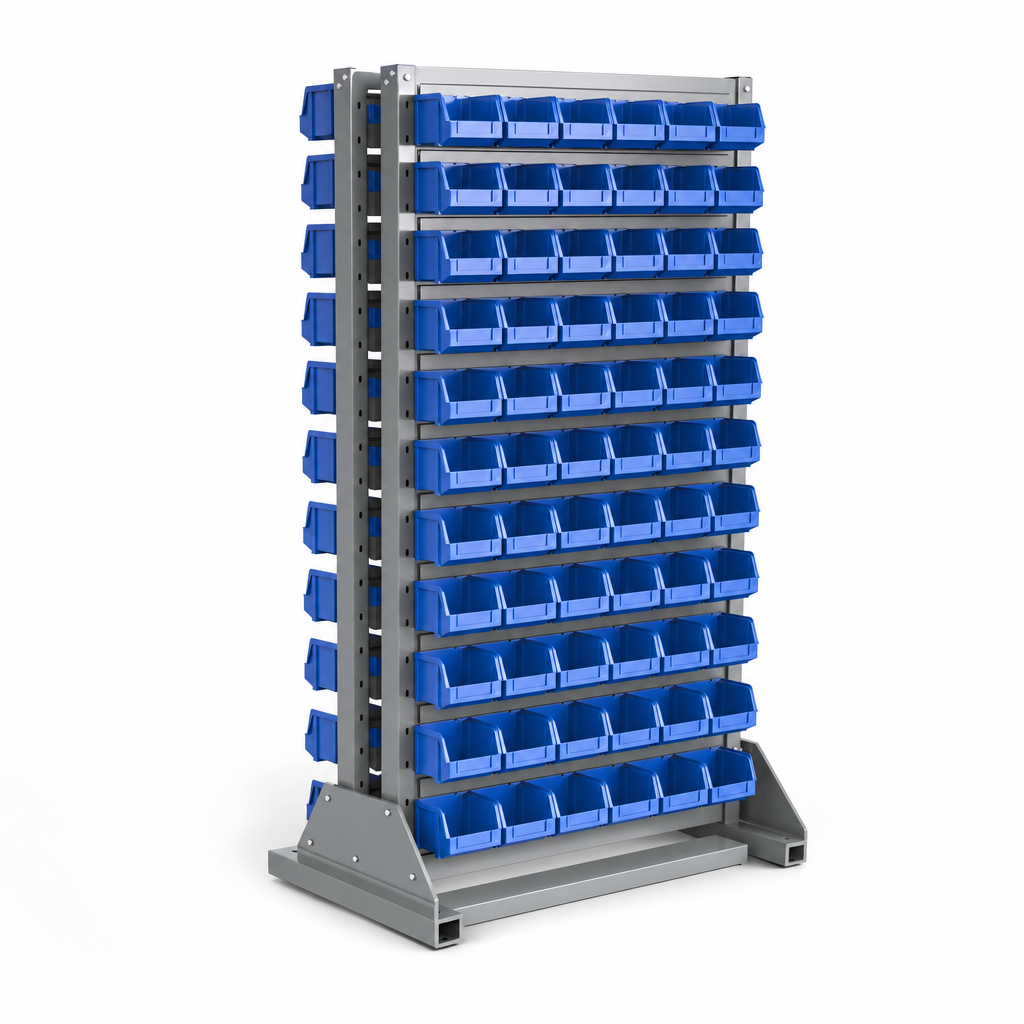 Double Sided Small Parts Rack with Storage Bins 1600h x 1000w