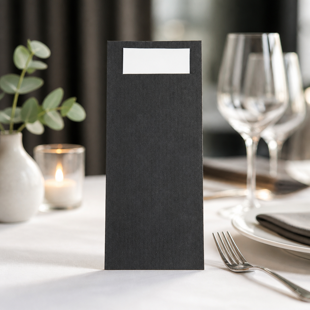 Black Cutlery Pouches with Napkin - 500 Disposable Sleeves