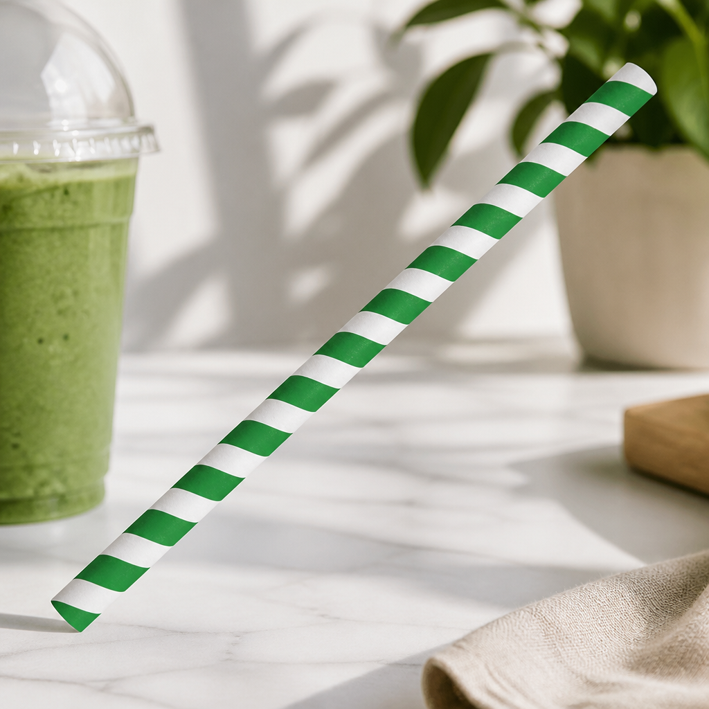 Compostable Paper Smoothie Straws Green Stripes 250 Pack