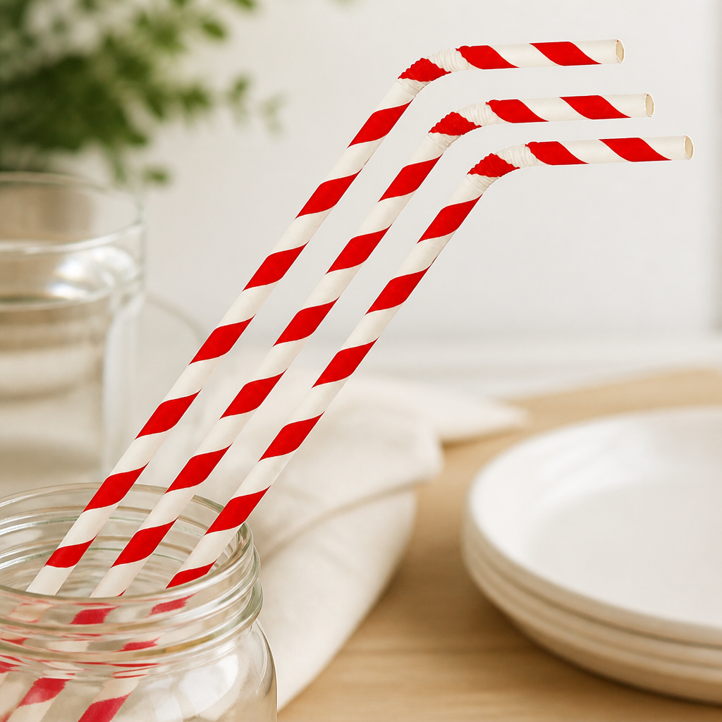 Compostable Bendy Paper Straws Red Stripes 250 Pack Commercial Use
