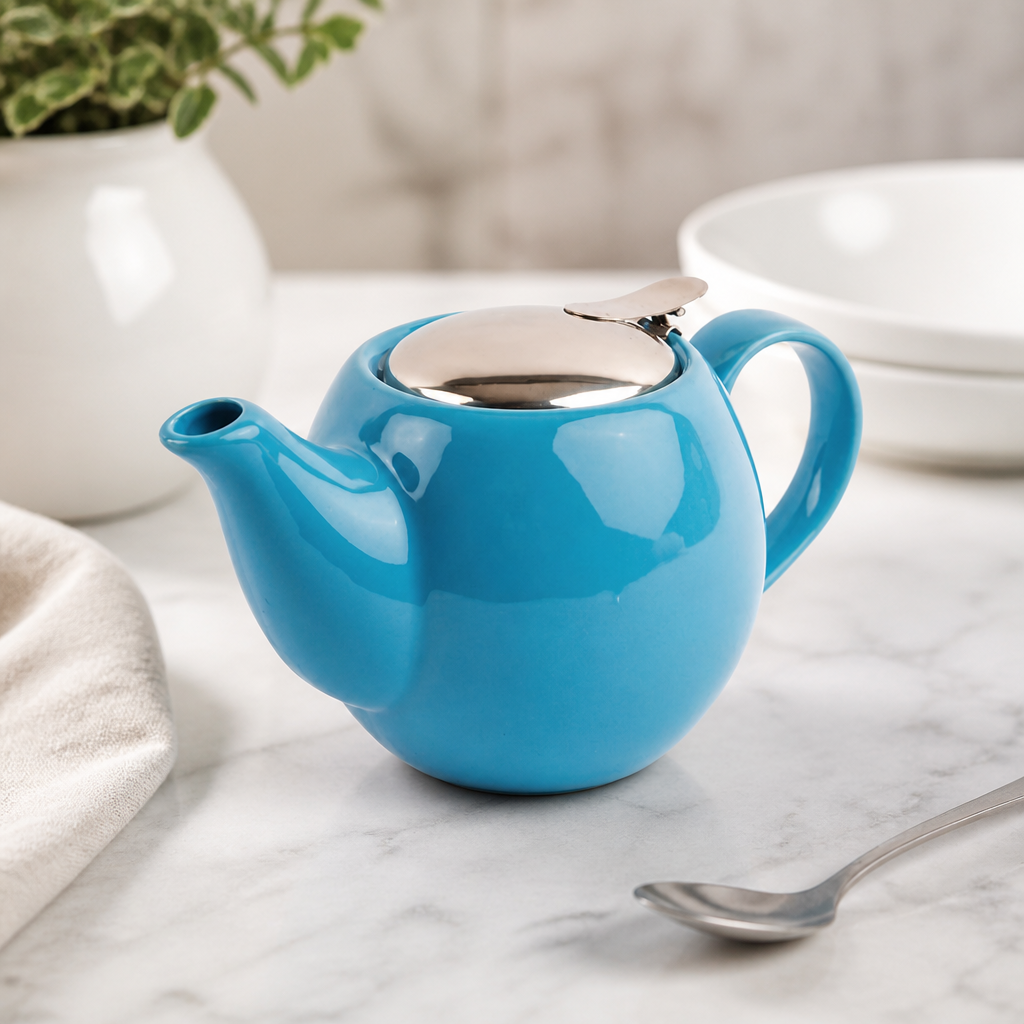 Commercial Blue Teapot 510ml Stainless Steel Lid Café Equipment