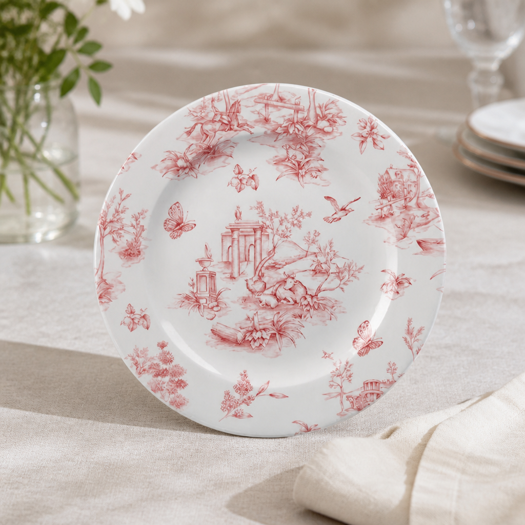 Commercial Tea Plates Cranberry Toile Print 210mm (6 Pack)