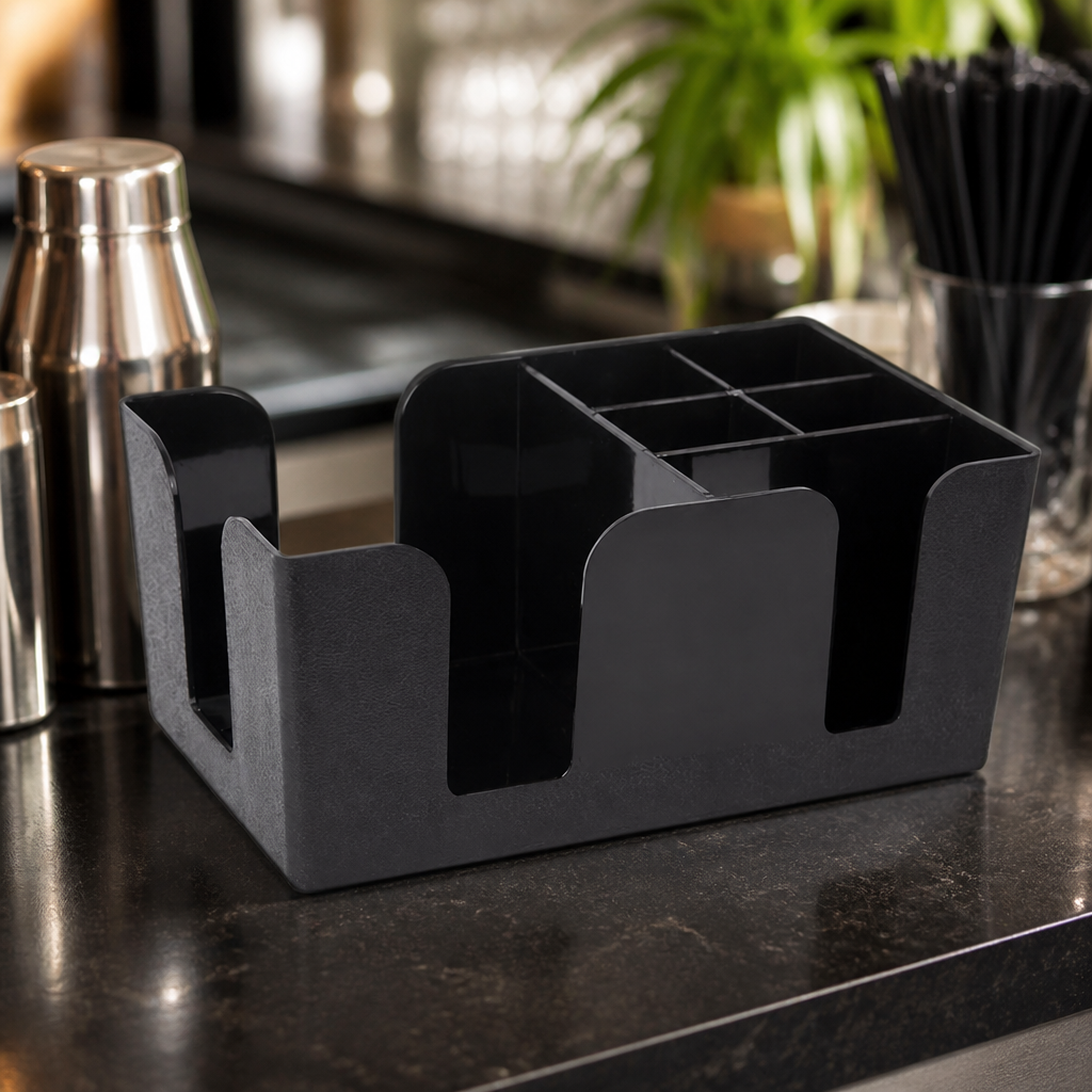 Commercial Plastic Bar Caddy Black with Six Compartments