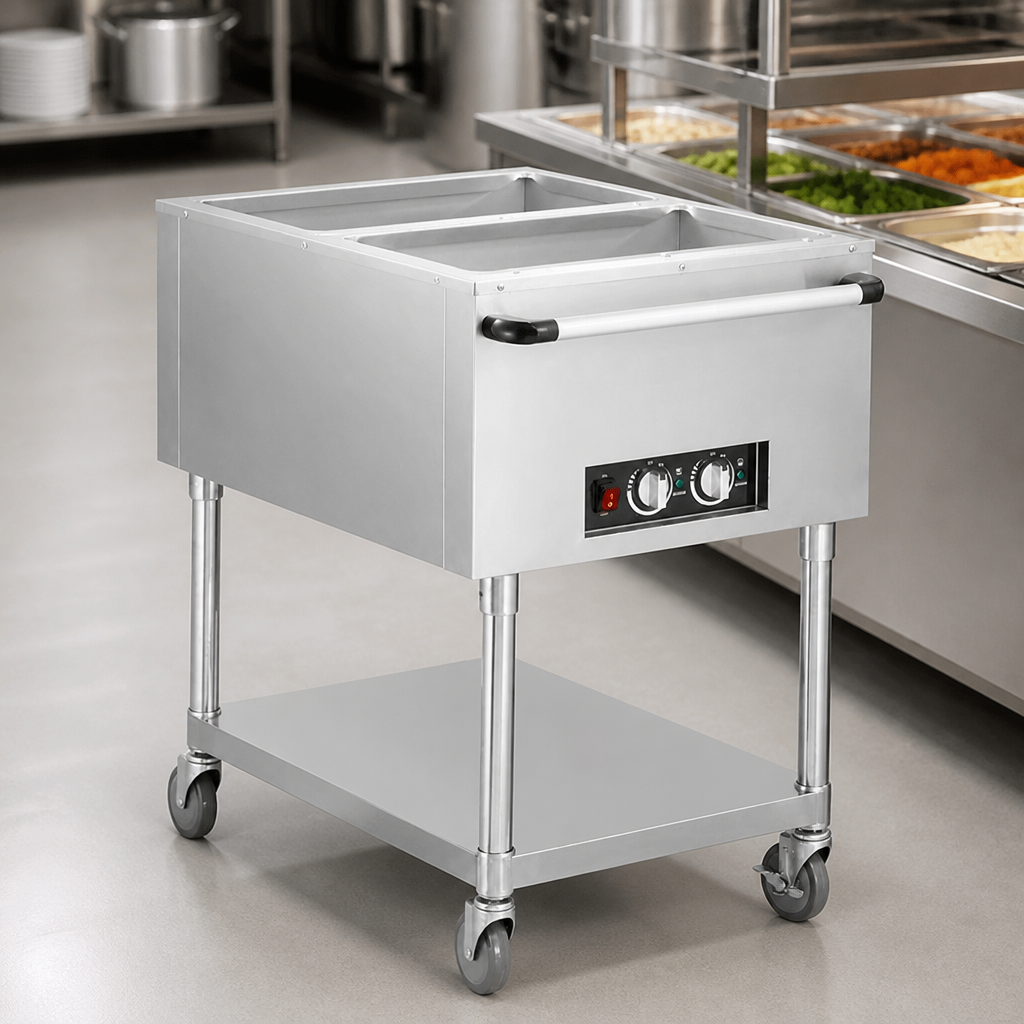 Commercial Mobile Bain Marie Trolley 2x 1/1GN Stainless Steel