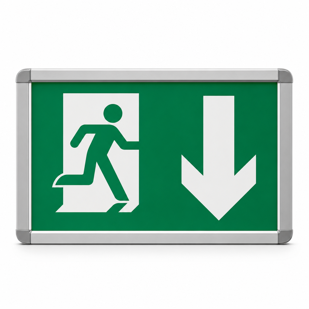Fire Exit Arrow Down Safety Sign – Text and Pictogram