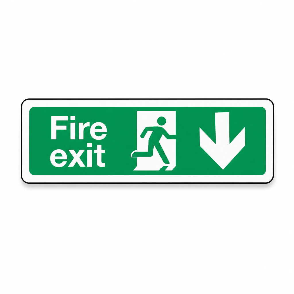 Fire Exit Arrow Down Safety Sign – Text and Pictogram