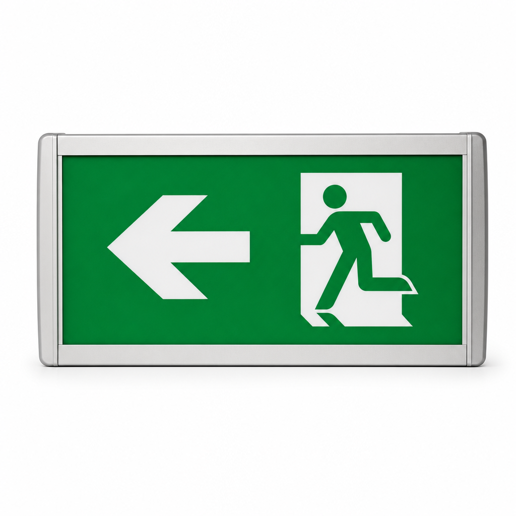 Fire Exit Left Arrow Sign – Text and Pictogram