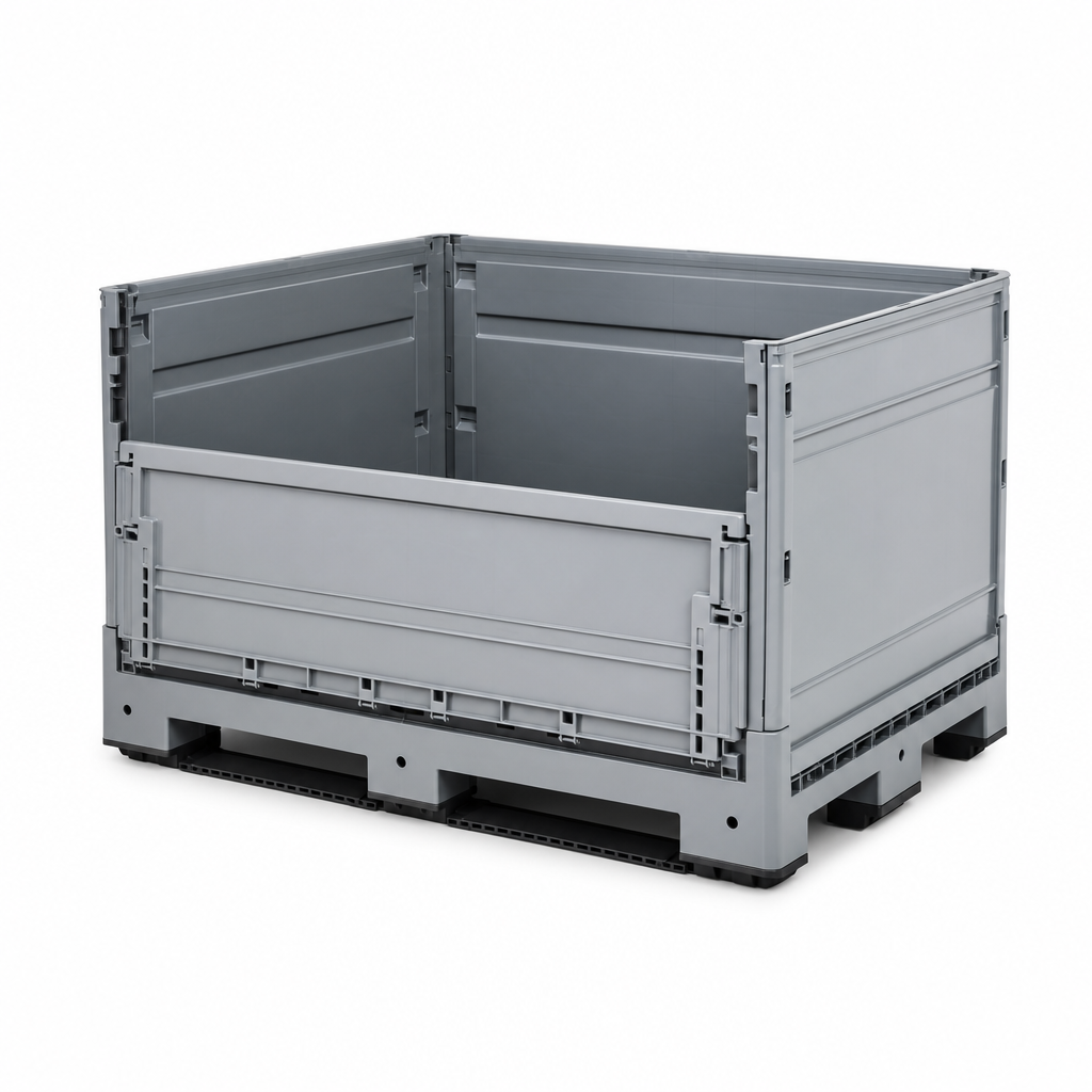 Folding Plastic Pallet Container with Solid Sides and Drop-Down Front