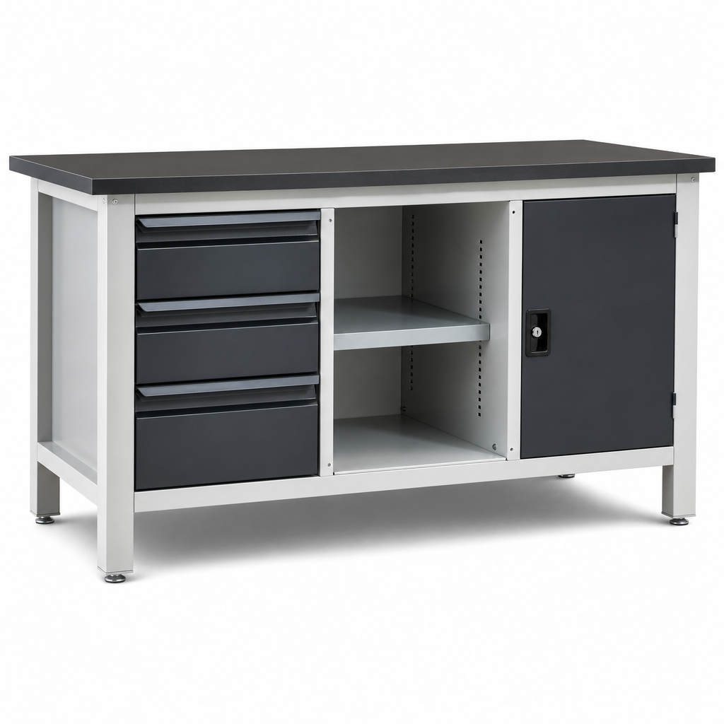 Heavy Duty 3-Drawer Workbench with Lino Top, Shelf & Cabinet