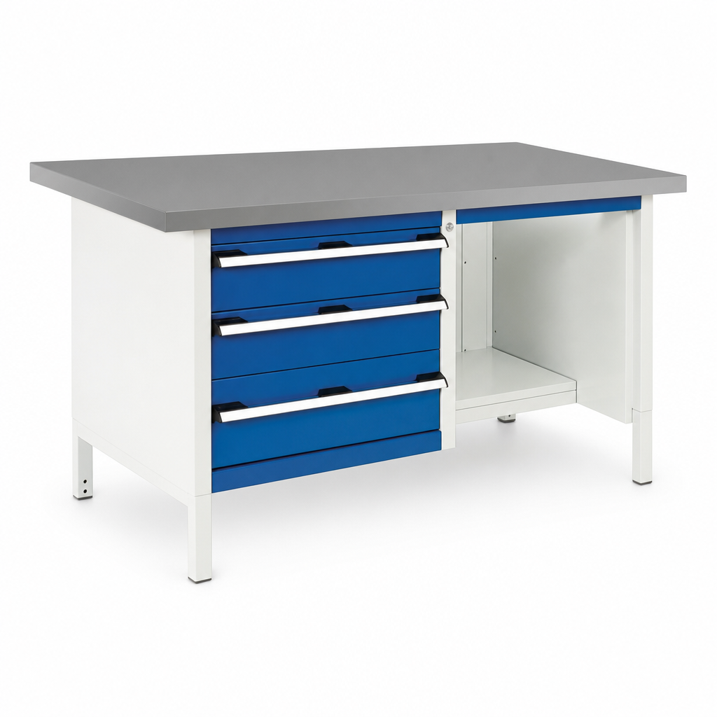 Heavy Duty 3-Drawer Workbench with Linoleum Top and Shelves 1500mm