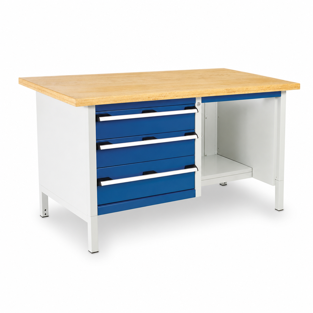 Heavy Duty 3-Drawer Workbench with Wood Top and Shelves