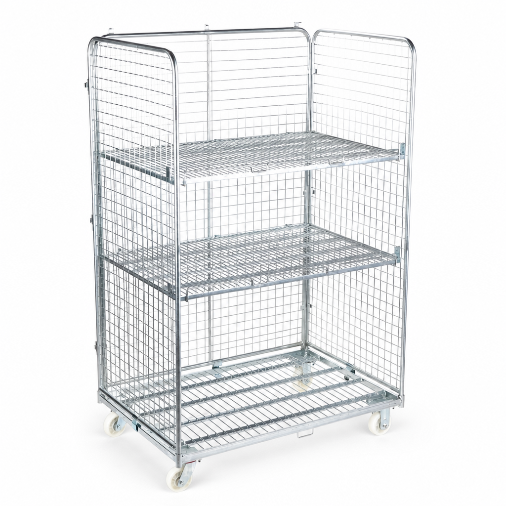 Heavy Duty Large Roll Cage with Shelves and Three Sides
