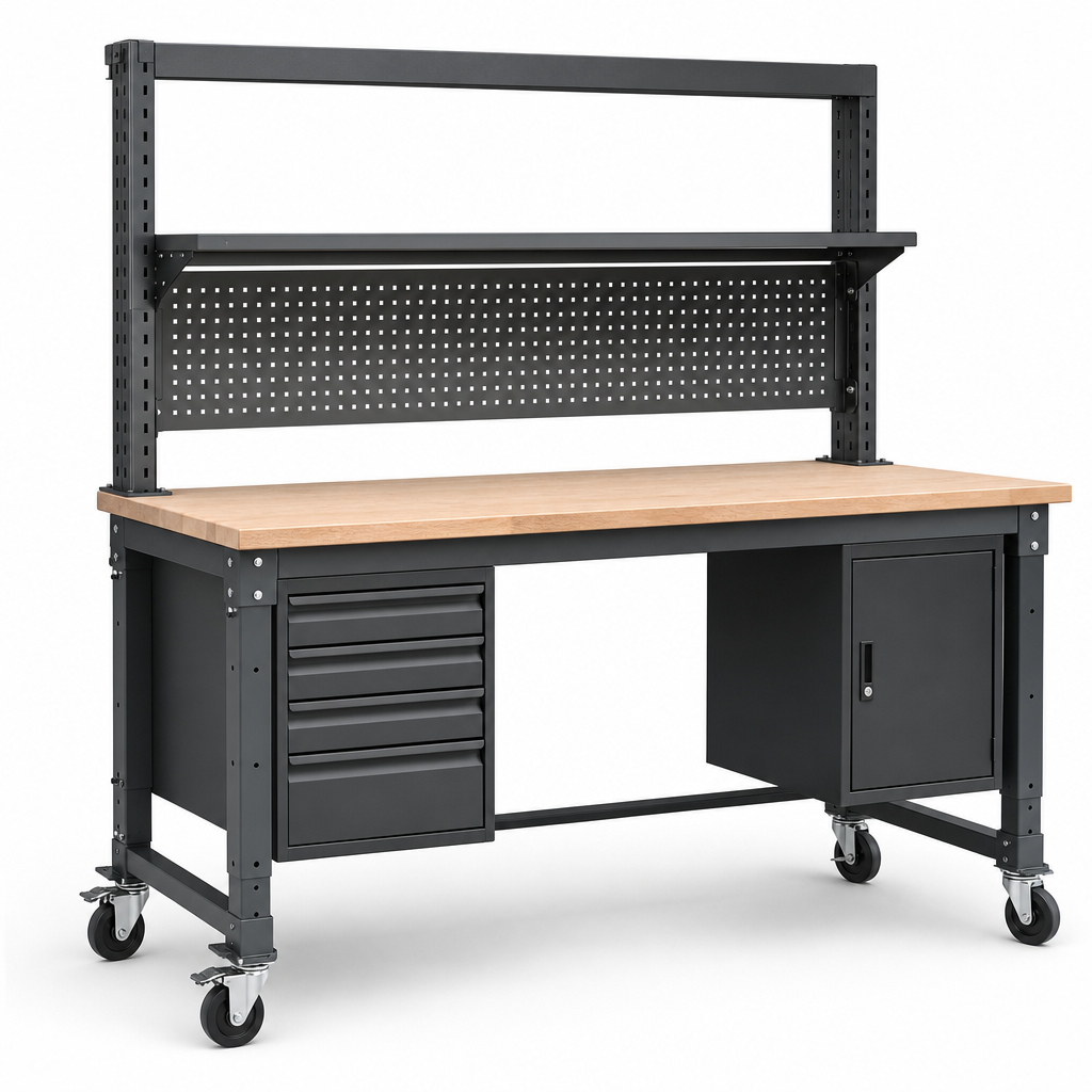 Height Adjustable Mobile Workbench with Storage Options