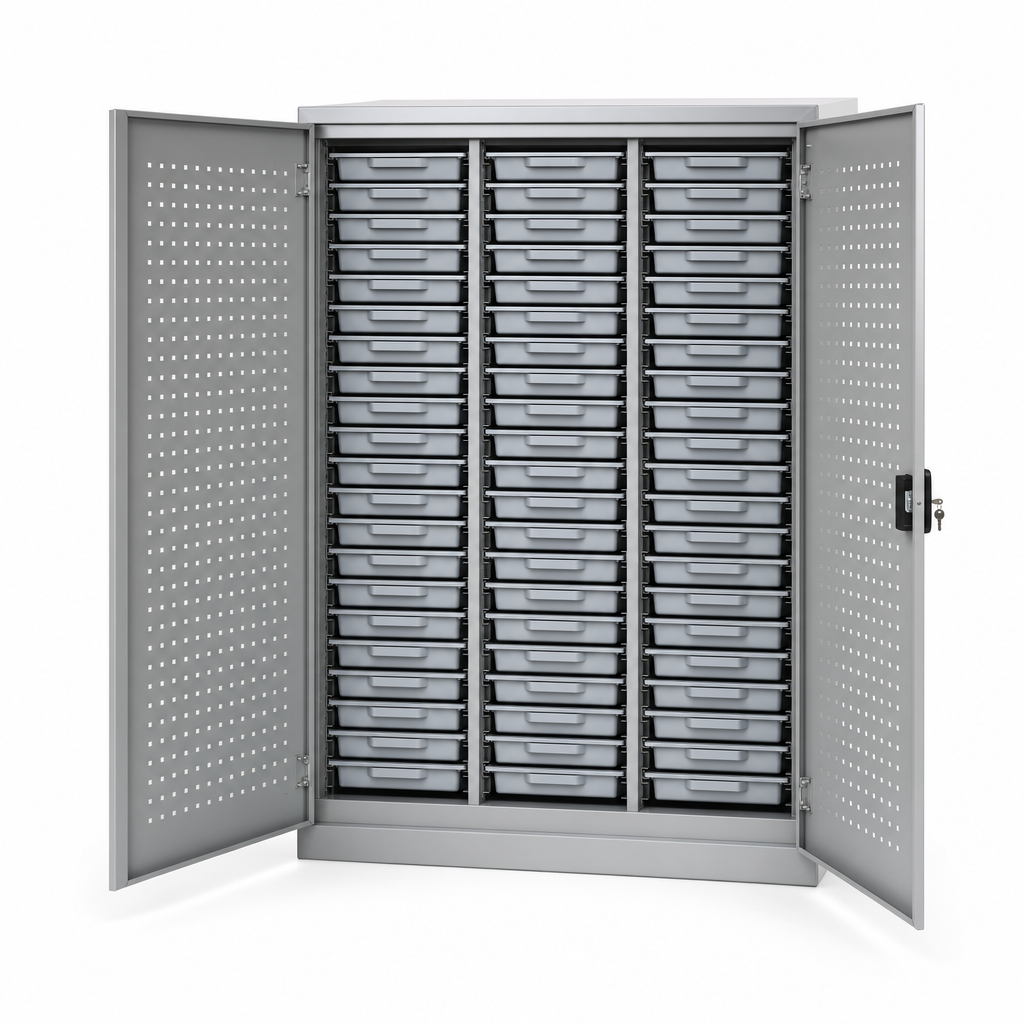 Lockable Cupboard with 63 Shallow Storage Trays