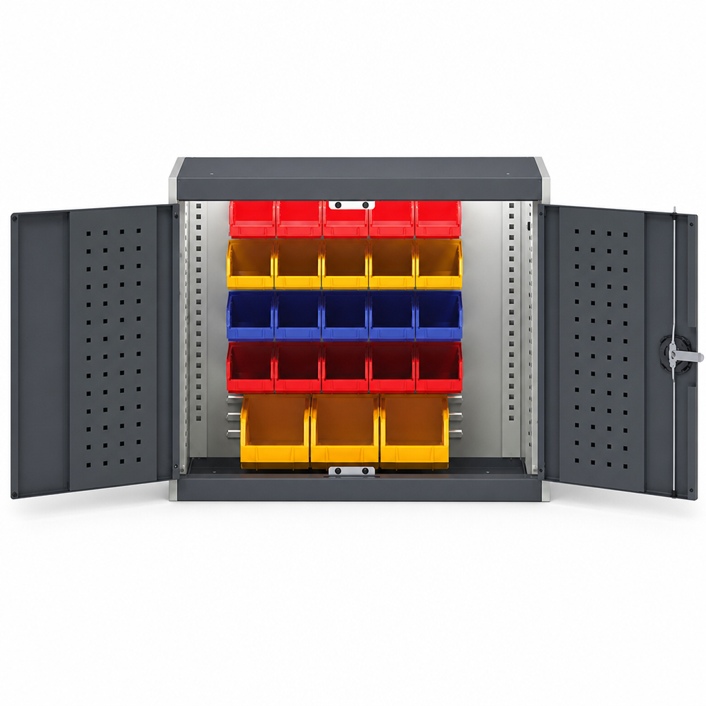 Louvre and Perforated Workshop Storage Cabinet with 23 Bins