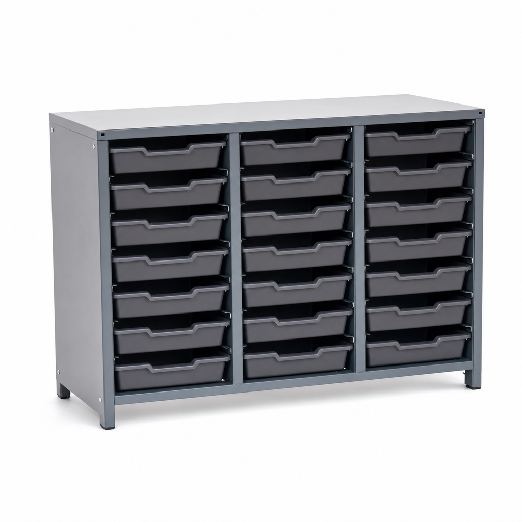 Low Level Shelving Unit with 18 Plastic Storage Trays