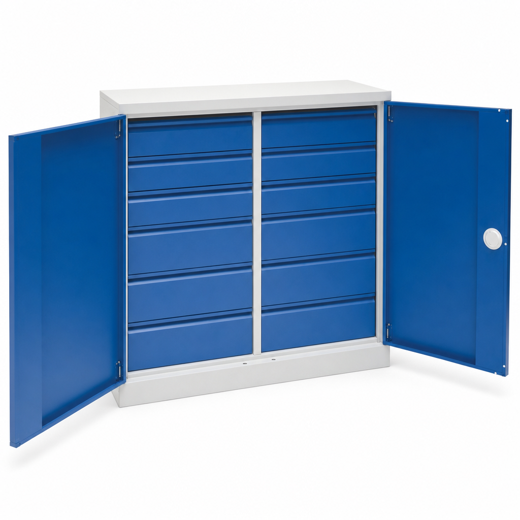 Low Metal Workshop Cupboard with Drawers and Shelves