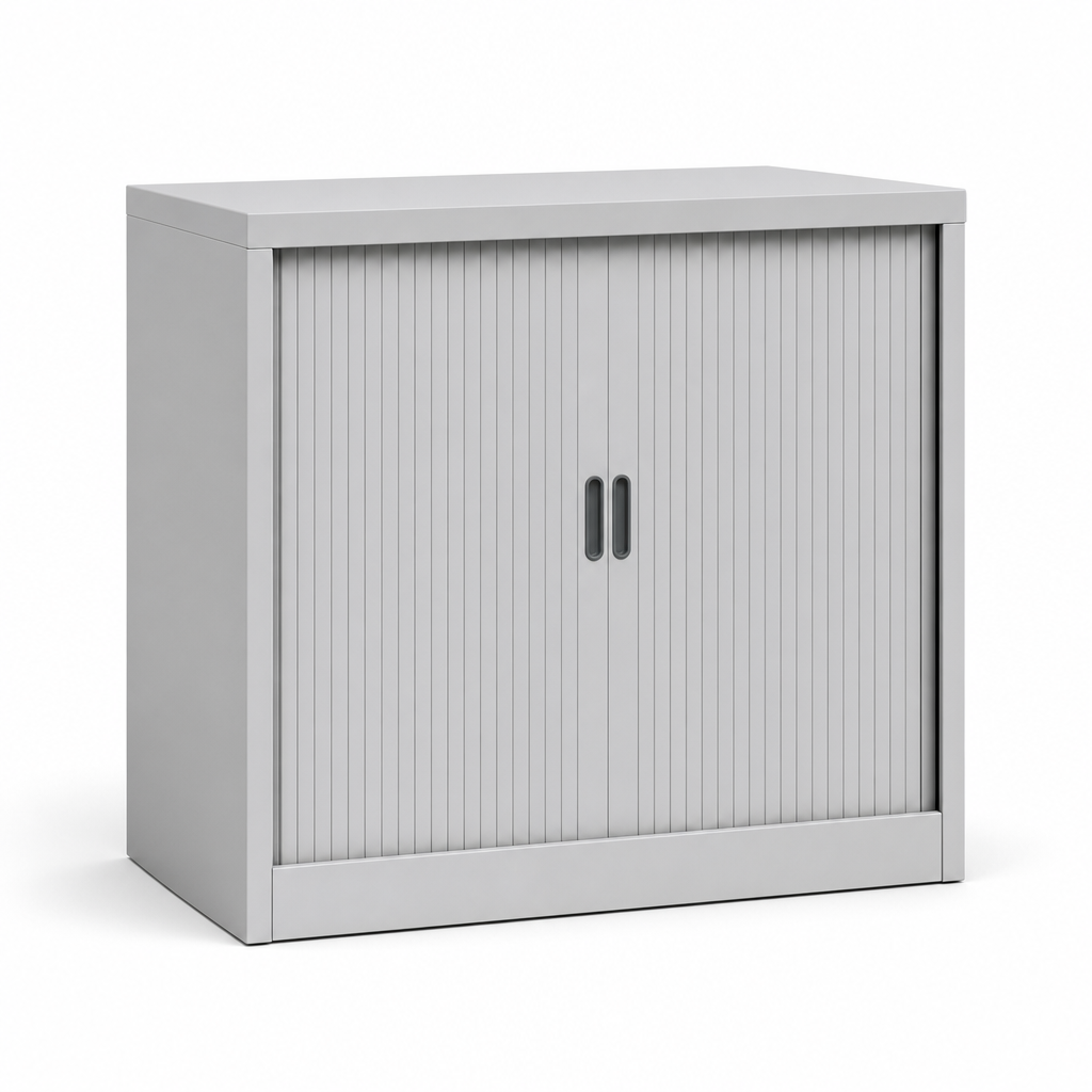 Low Steel Tambour Cupboard 950x900x450mm – Light Grey