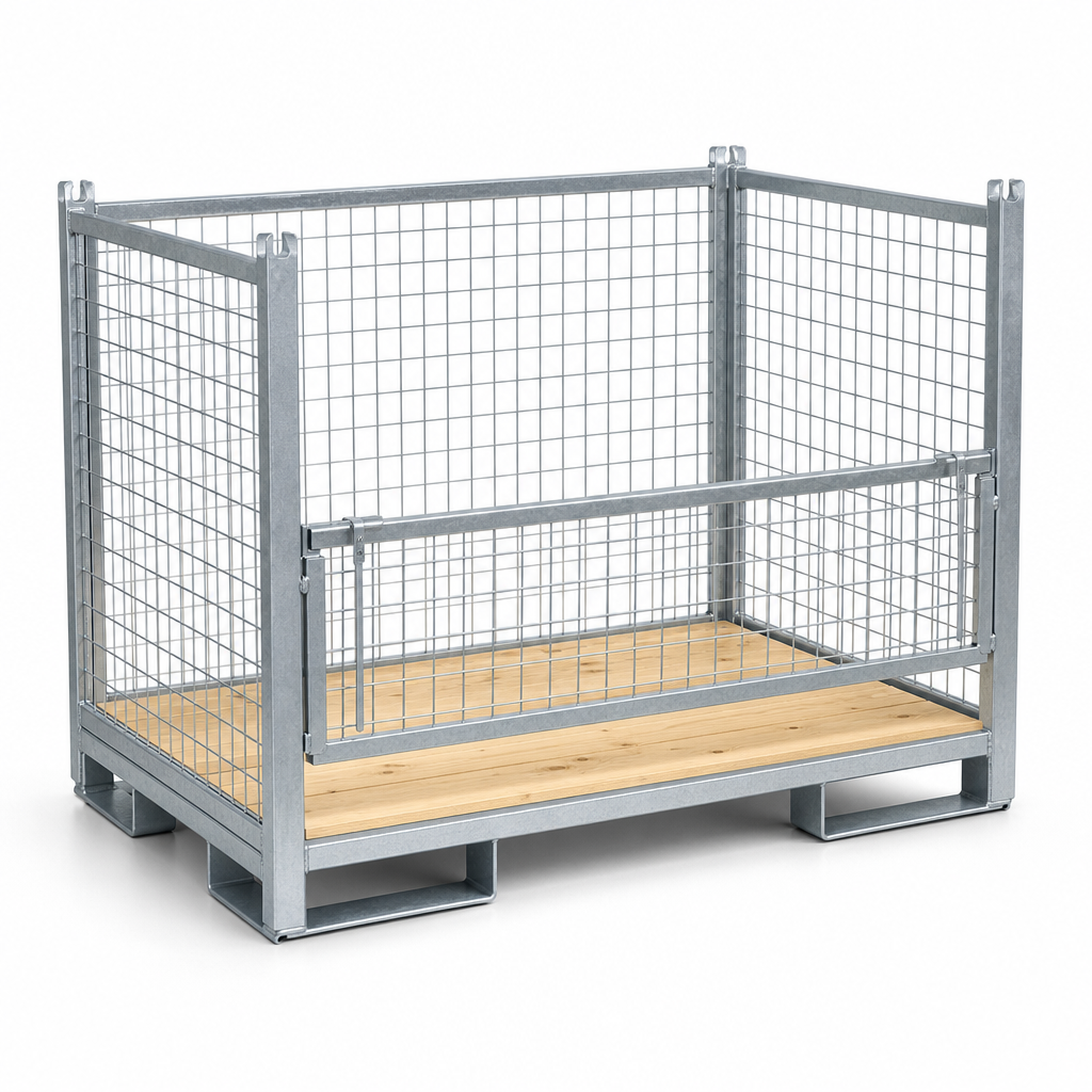 Mesh Cage Stillage with Forklift Runners and Timber Base