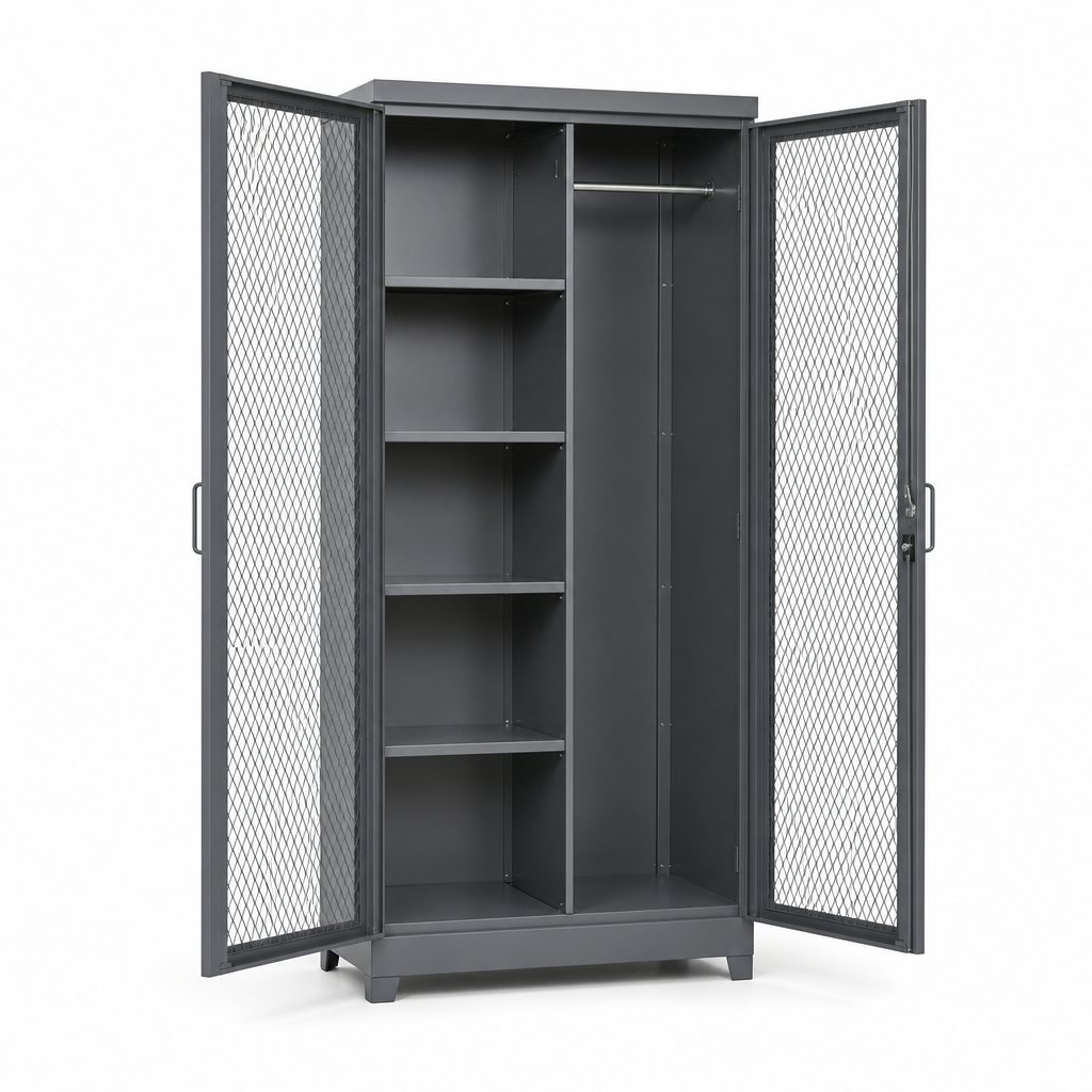 Mesh Door Steel Cabinet with Shelves and Hanging Rail