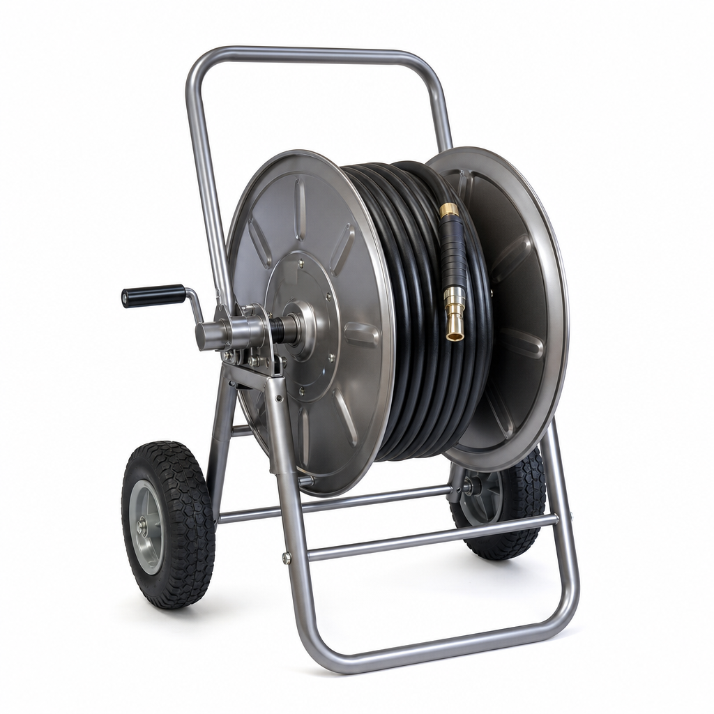 Mobile Metal Hose Reel with Wheeled Frame