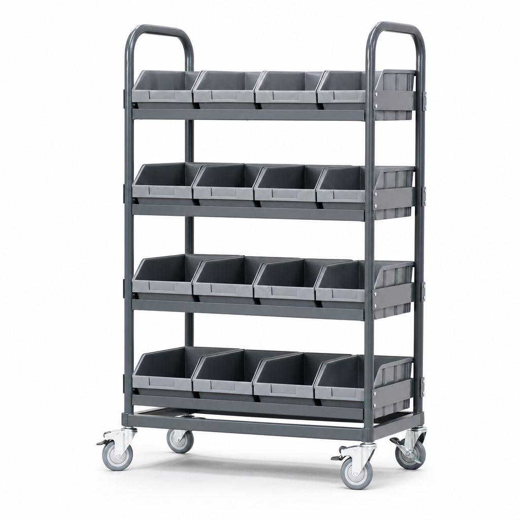 Mobile Shelving Trolley with 4 Storage Bin Shelves, 1700mm High
