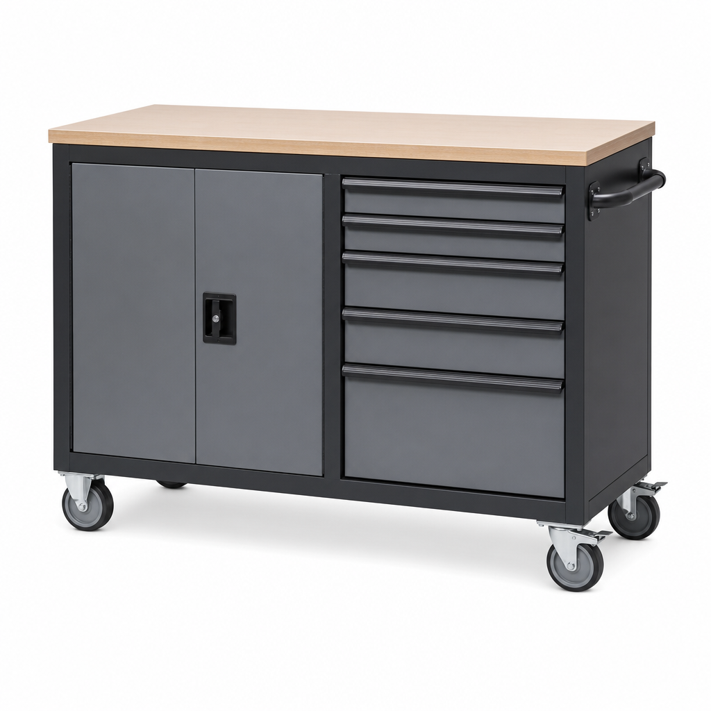 Mobile Steel Tool Storage Cabinet with Linoleum Worktop