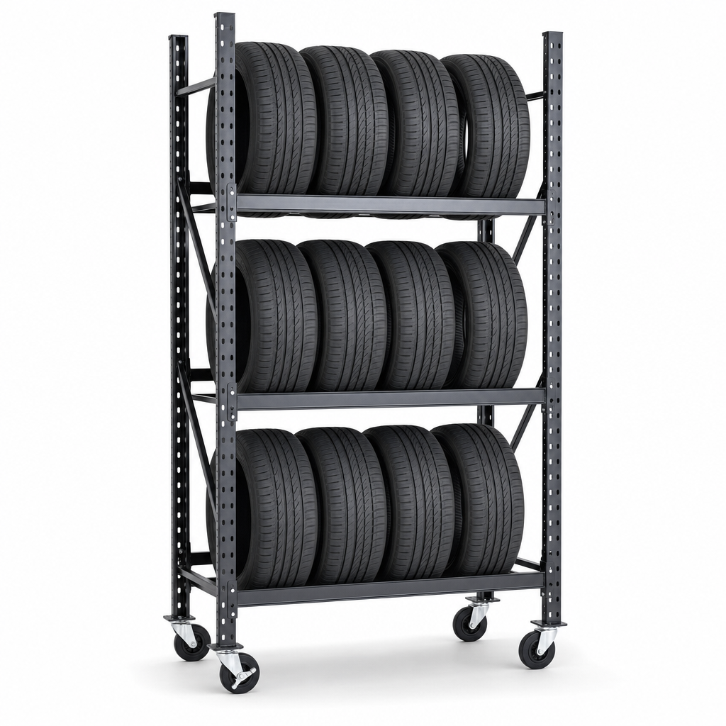 Mobile Tyre Storage Rack with 3 Shelves 1700h x 915w x 455d