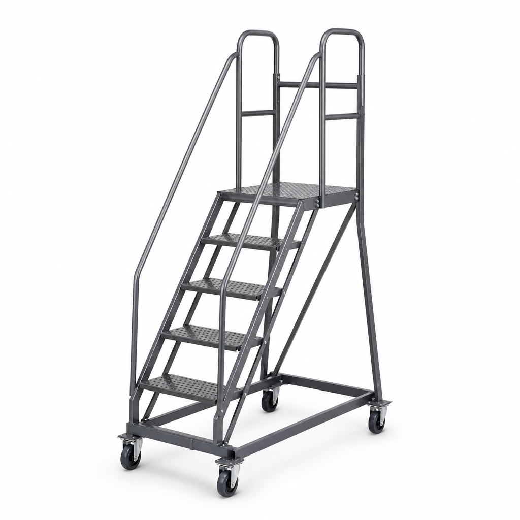 Mobile Warehouse Step Ladder with Platform and Handrails