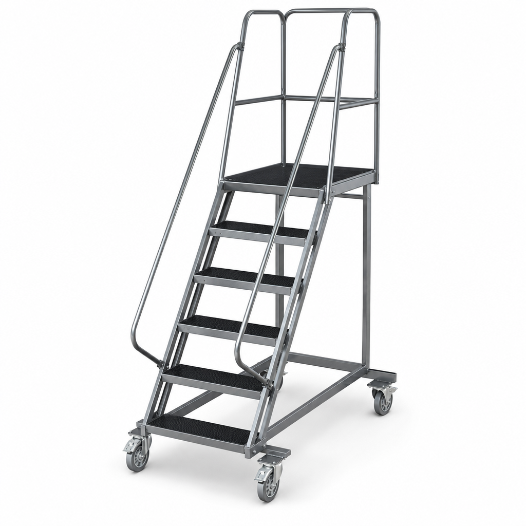 Mobile Warehouse Step Ladders with Guardrail and Rubber Treads
