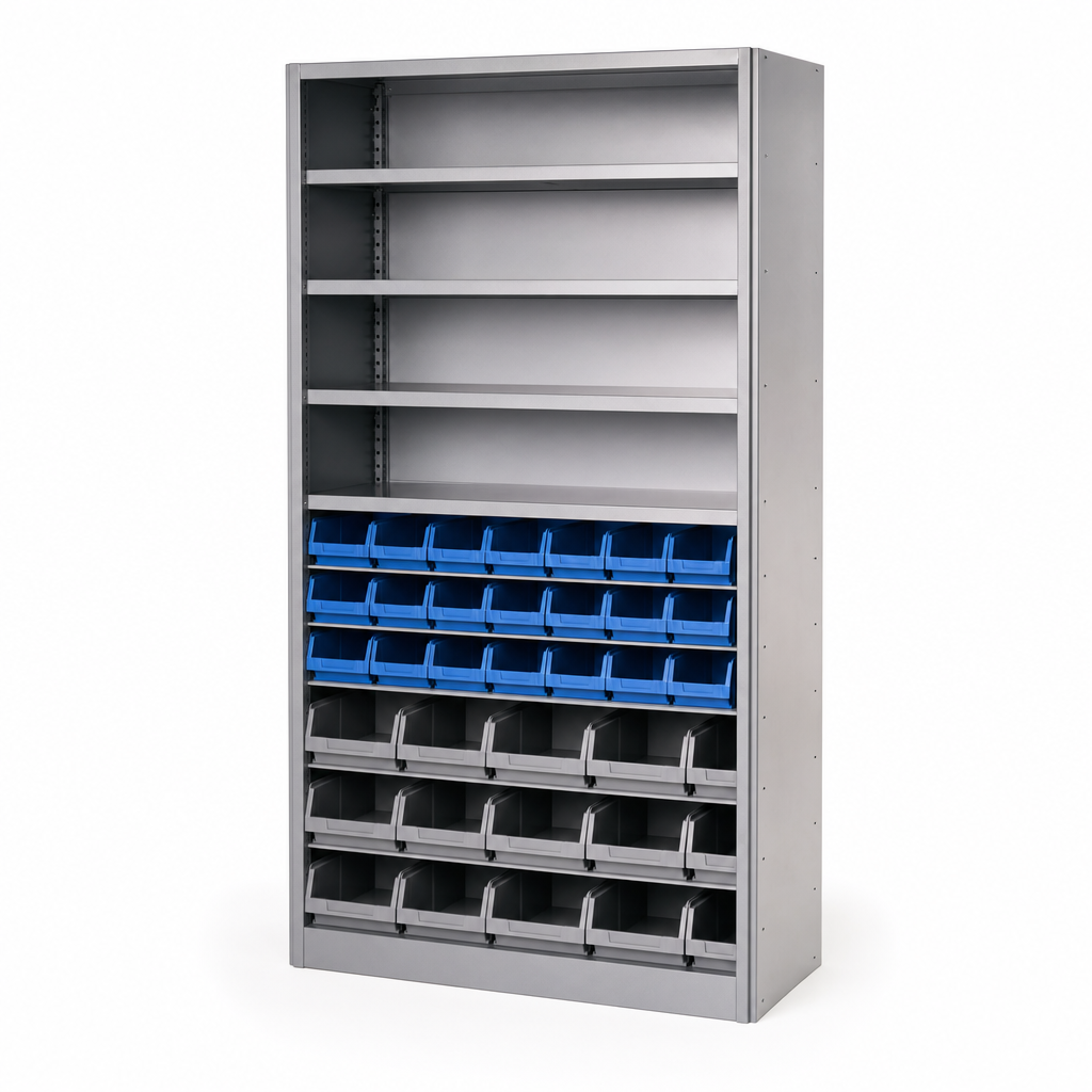 Open Small Parts Cupboard with Bins and Shelves