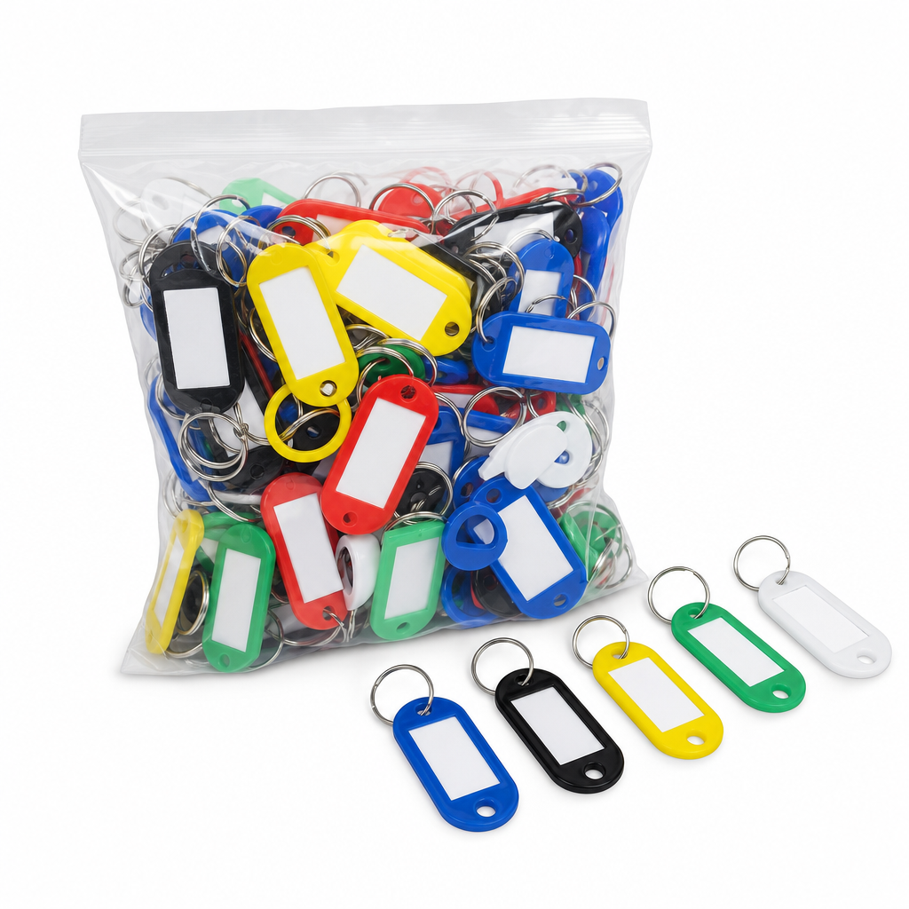 Pack of 100 Plastic Key Fobs with Blank Labels