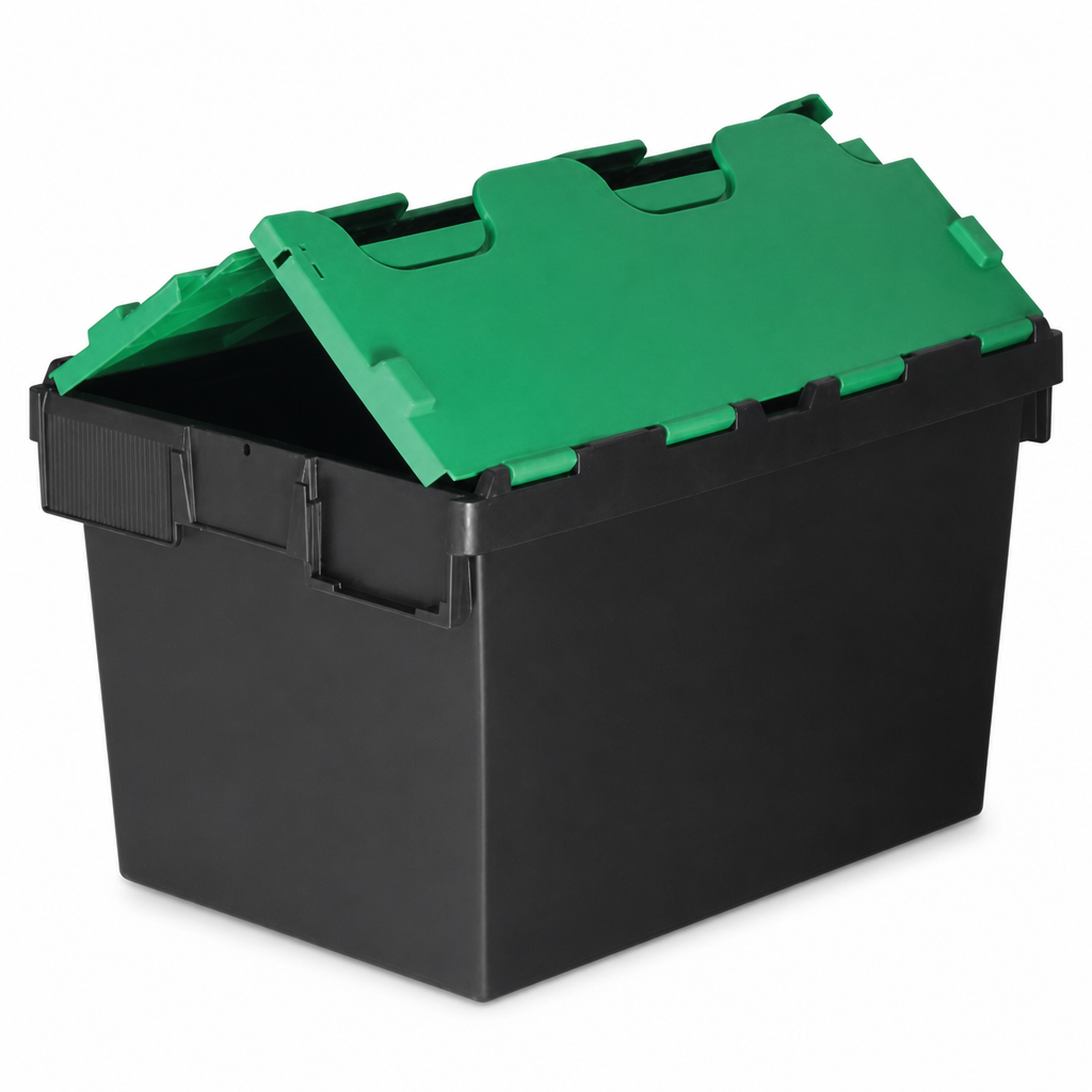 Pack of 5 Black Plastic 56–64L Storage Boxes with Coloured Lids