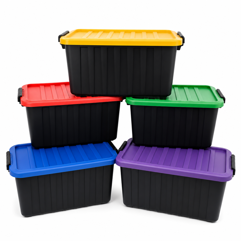 Pack of 5 Black Plastic 56–64L Storage Boxes with Coloured Lids